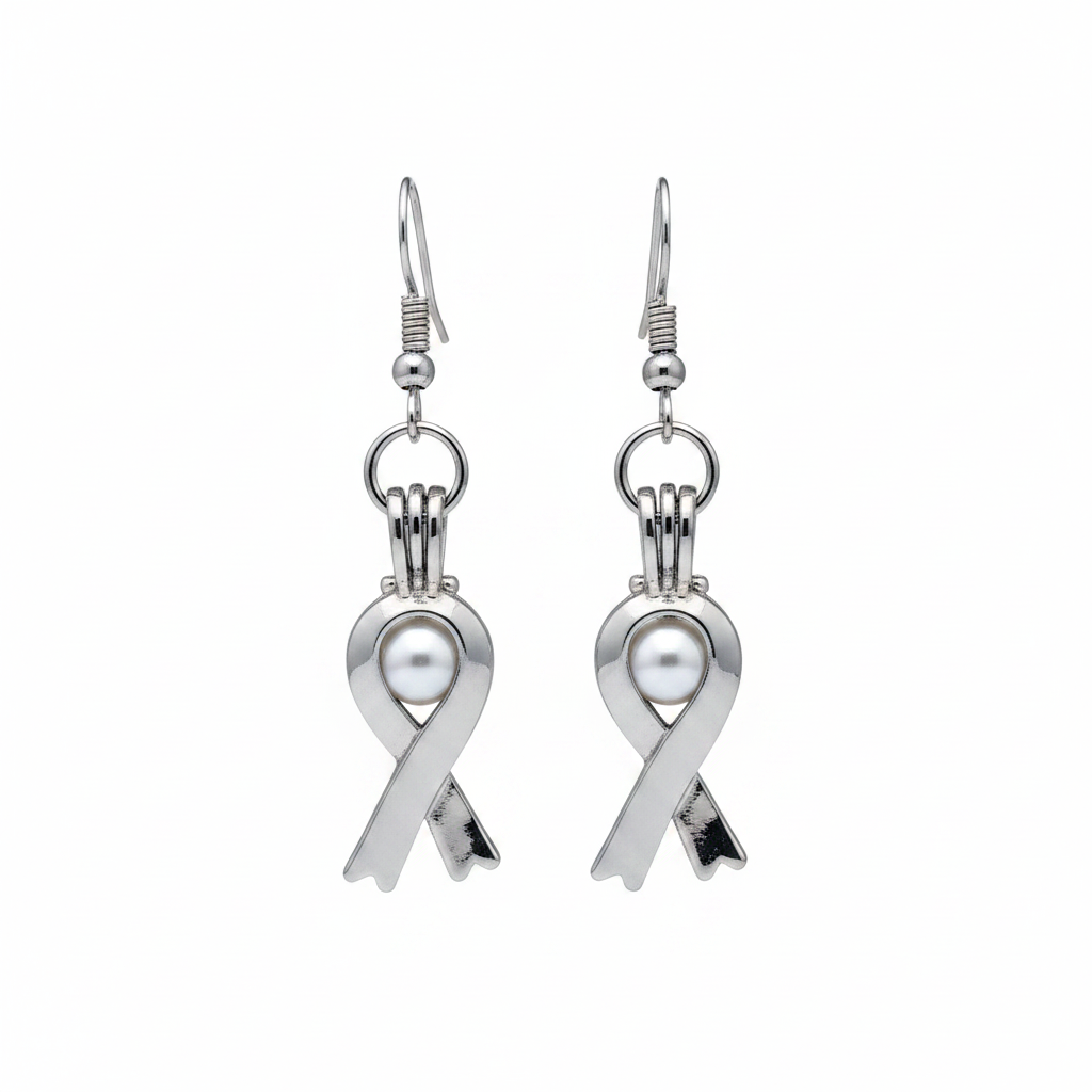 Cancer Awareness Pearl Earrings - White Background