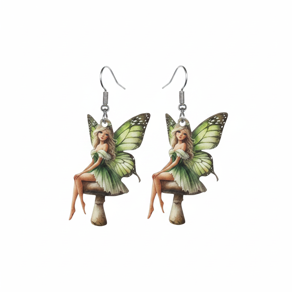 Green Fairy Fantasy Earrings - White Background