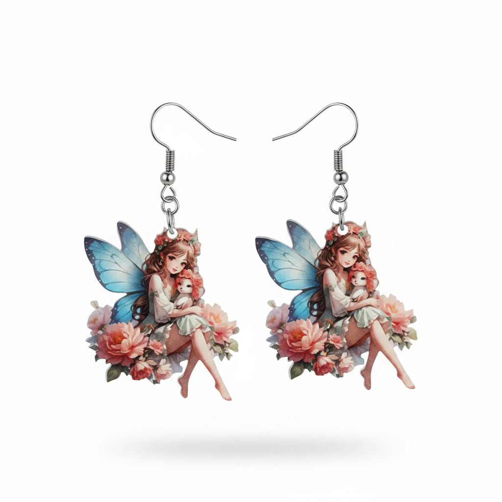 Red Headed Fairy Earrings - White Background